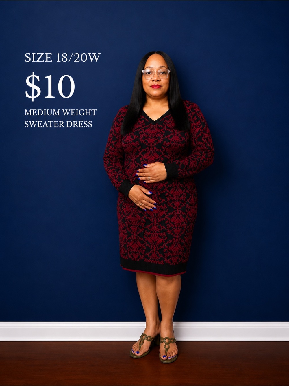 Women's Red and Black V-Neck Sweater Dress - Plus Size